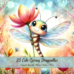 Bundle de cliparts mignon printemps libellules, images clip art aquarelle, fichiers de haute qualité, graphiques numériques animaux drôles, téléchargement unique