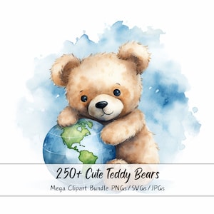 Más de 250 imágenes prediseñadas de osos de peluche lindos, paquete de osos Mega Teddies, imágenes de imágenes prediseñadas de acuarela, archivos de criaturas de alta calidad, gráficos de imágenes digitales