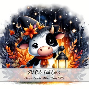 Lindo paquete de imágenes prediseñadas de vacas de otoño, imágenes prediseñadas de vacas de acuarela, archivos de animales de alta calidad, divertido gráfico de animales digitales, descarga de otoño