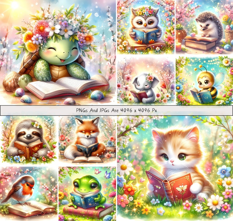 Spring Reading Animal Cute Spring Animals Reading Clipart Bundle, Watercolor Clip Art Images ...