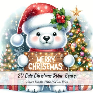 Lindo paquete de imágenes prediseñadas de osos polares navideños, imágenes prediseñadas de osos navideños, archivos de animales de acuarela de alta calidad, gráficos divertidos de animales festivos
