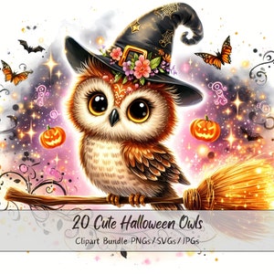 Lindo paquete de imágenes prediseñadas de búhos de Halloween, imágenes prediseñadas de búhos de acuarela, animales aterradores de alta calidad, descarga digital divertida de animales, otoño