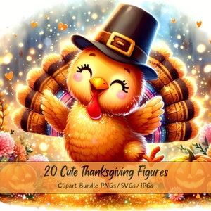 Paquete de imágenes prediseñadas de figuras de feliz día de acción de gracias, imágenes prediseñadas de figuras de acuarela, personajes, criaturas, gráficos digitales de otoño, descarga