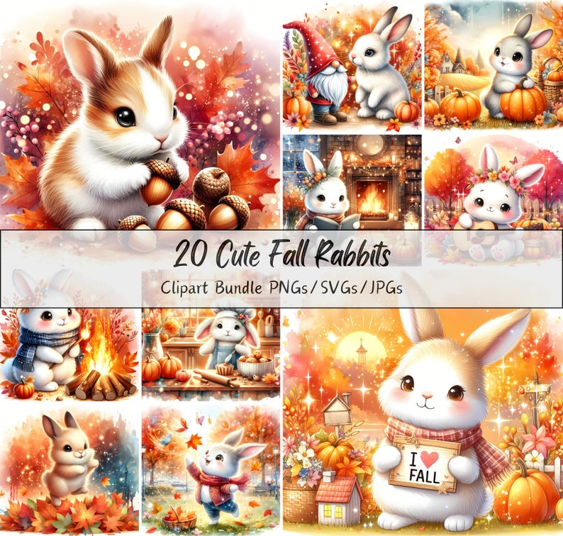 Cute Fall Rabbits Clipart Bundle, Watercolor Autumn Rabbit Clip Art ...