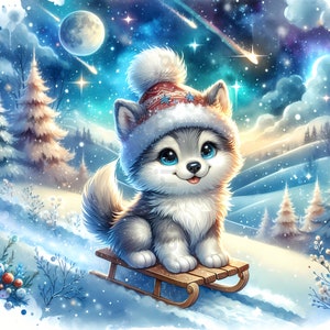 May include: A cute cartoon husky puppy wearing a Santa hat, sitting on a wooden sled in a snowy winter scene. The puppy has blue eyes and a happy expression. The background features a full moon, falling stars, and snow-covered hills.