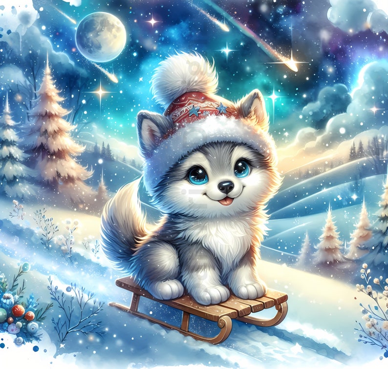 May include: A cute cartoon husky puppy wearing a Santa hat, sitting on a wooden sled in a snowy winter scene. The puppy has blue eyes and a happy expression. The background features a full moon, falling stars, and snow-covered hills.