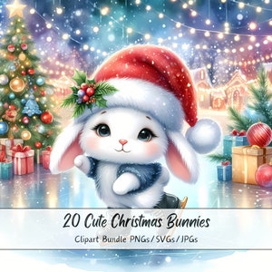 Lindos conejitos navideños, imágenes prediseñadas de conejitos de Navidad, archivos de animales de acuarela de alta calidad, gráficos divertidos de animales, conejo de invierno