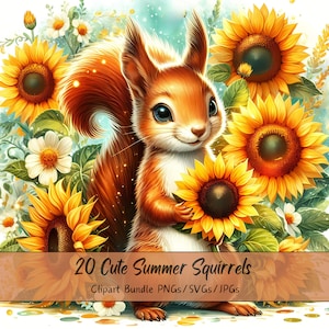 Lindo paquete de imágenes prediseñadas de ardillas de verano, imágenes prediseñadas de ardillas de acuarela, archivos de animales de alta calidad, divertidos gráficos de animales digitales, descargar
