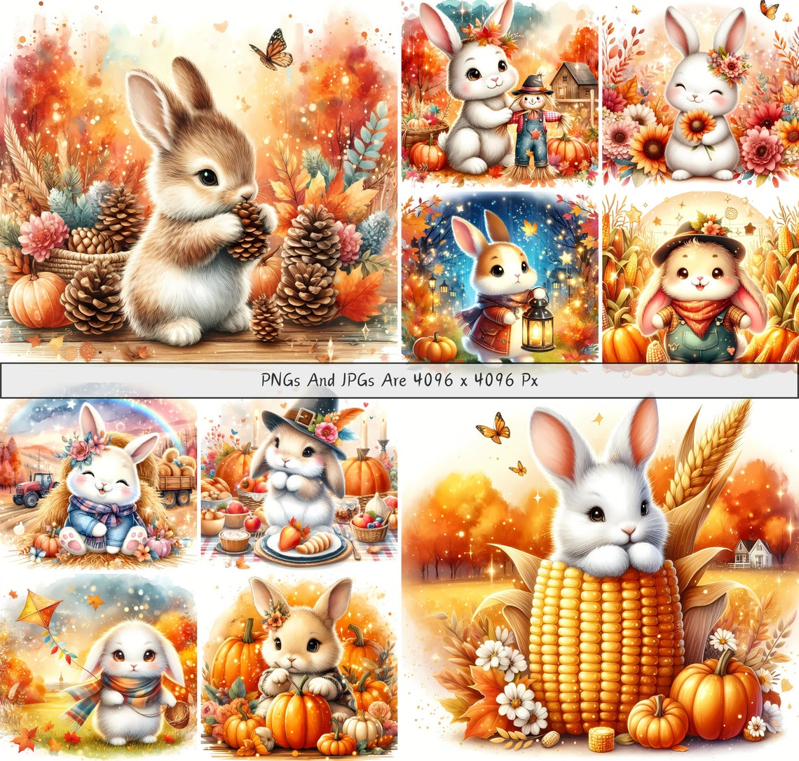Cute Fall Rabbits Clipart Bundle, Watercolor Autumn Rabbit Clip Art ...