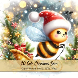 Lot de cliparts mignons abeilles de Noël, images clipart abeilles de Noël, fichiers animaux aquarelle de haute qualité, graphiques d'animaux festifs amusants, hiver