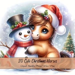 Pacote de clipart de cavalos fofos de Natal, imagens de clipart de cavalos de Natal, arquivos de animais de aquarela de alta qualidade, gráfico de animal festivo de pônei, inverno