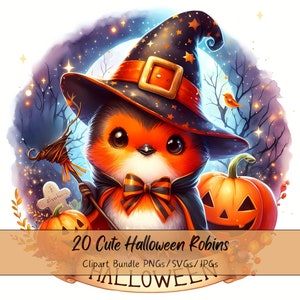 Lindo paquete de imágenes prediseñadas de petirrojos de Halloween, imágenes prediseñadas de petirrojos de acuarela, animales aterradores de alta calidad, descarga digital divertida de animales, otoño