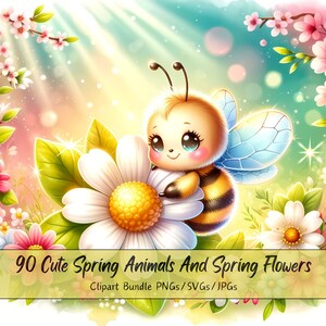 Mega lindo paquete de imágenes prediseñadas de animales y flores de primavera, imágenes de imágenes prediseñadas de acuarela, alta calidad, 90 gráficos de animales digitales, descarga única