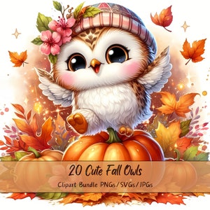 Bundle de cliparts mignons hiboux automne, aquarelle automne chouette automne clip art images, fichiers animaux de haute qualité, graphiques numériques animaux amusants, automne