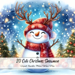 Pacchetto di clipart di pupazzi di neve di Natale carini, immagini di clipart di pupazzi di neve di Natale, file di creature ad acquerello di alta qualità, divertenti grafiche di figure festive,