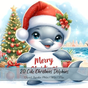 Lindo paquete de imágenes prediseñadas de delfines navideños, imágenes prediseñadas de delfines navideños, archivos de animales de acuarela de alta calidad, gráficos de animales festivos, invierno
