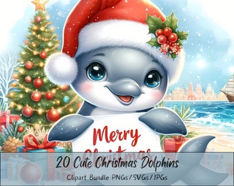 Cute Christmas Dolphins Clipart Bundle, Xmas Dolphin Clip Art Images, Watercolor High Quality Animals Files, Festive Animal Graphic, Winter