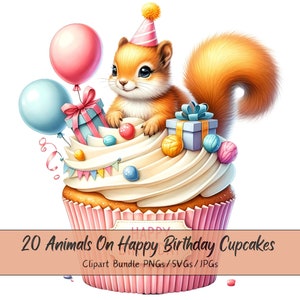 Animales lindos en paquete de imágenes prediseñadas de cupcakes de feliz cumpleaños, imágenes prediseñadas de acuarela, archivo de cupcakes de fiesta de alta calidad, descarga digital de animales