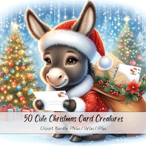 Lindo paquete de imágenes prediseñadas de criaturas de tarjetas navideñas, imágenes prediseñadas de Navidad, archivos de criaturas de animales de acuarela, figuras gráficas de invierno, Mega