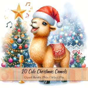 Pacchetto di clipart di cammelli di Natale carini, immagini di clipart di cammelli di Natale, file di animali ad acquerello di alta qualità, divertenti grafiche di animali invernali festivi