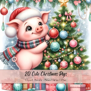 Lindo paquete de imágenes prediseñadas de cerdos navideños, imágenes prediseñadas de cerdos navideños, animales de acuarela de alta calidad, gráficos festivos de animales de invierno, cerdos
