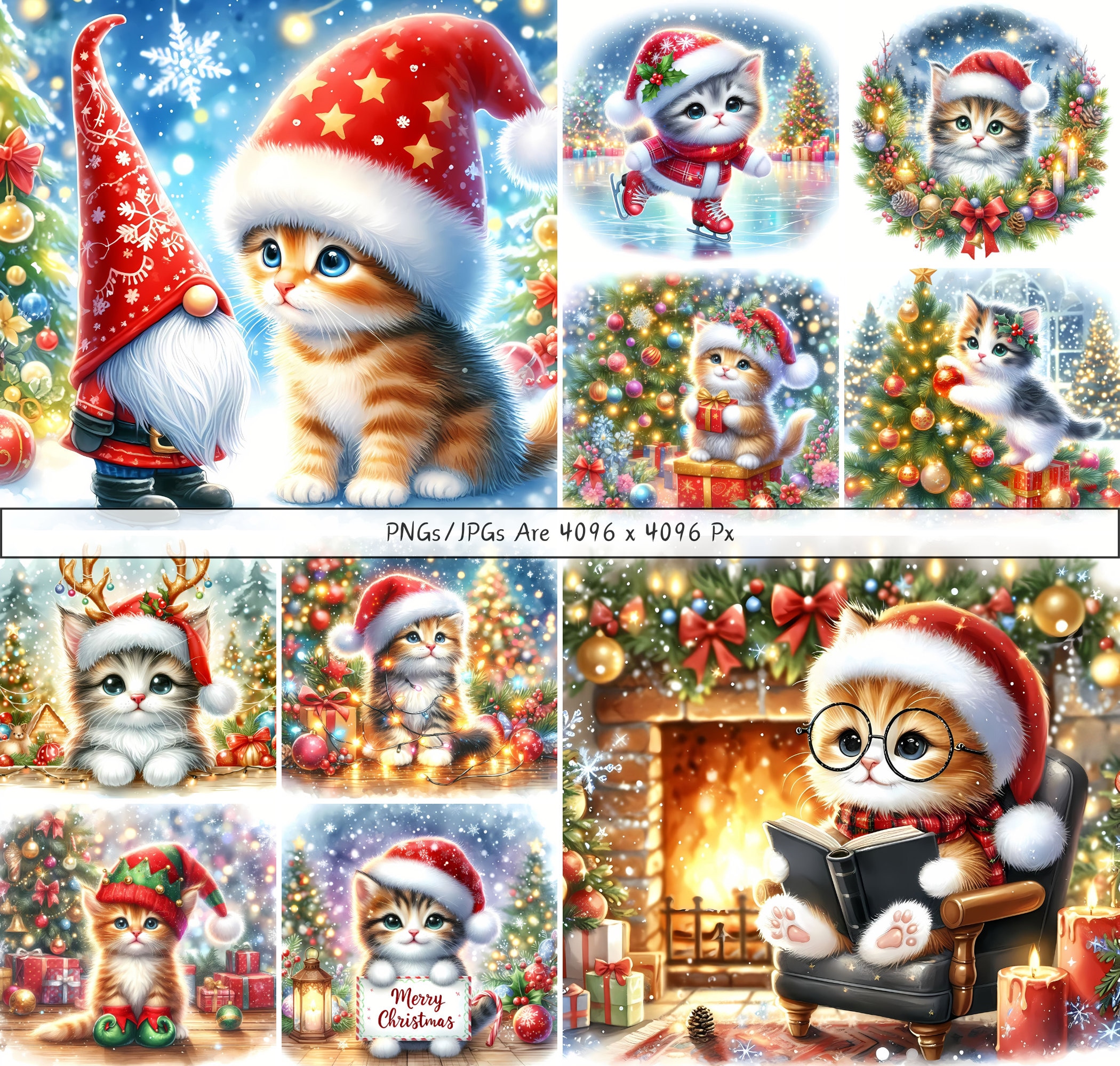 Cute Christmas Kittens Clipart Bundle, Xmas Kitten Clip Art Images ...