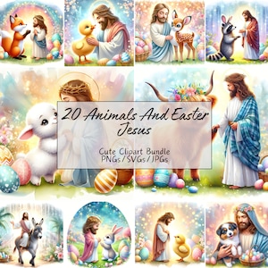 Animales lindos reuniéndose con Pascua Jesús Clipart, imágenes de animales de acuarela, paquete de alta calidad, gráficos de descarga digital, 20 archivos de imágenes prediseñadas
