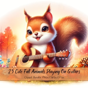 Lindos animales de otoño tocando guitarras, paquete de imágenes prediseñadas, imágenes prediseñadas de animales de acuarela, música de alta calidad, descarga digital de otoño, archivos