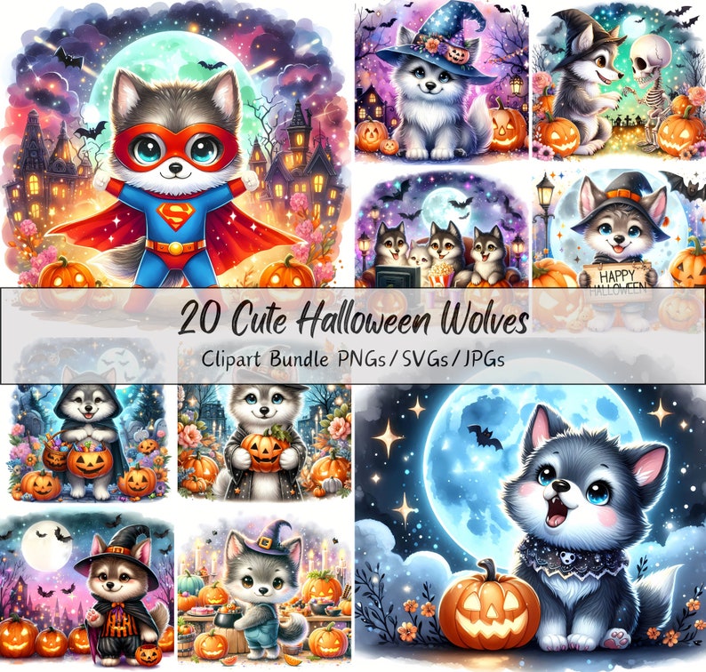 Cute Halloween Wolves Clipart Bundle, Watercolor Wolf Clip Art Images ...