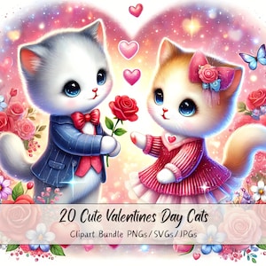 Lindo paquete de imágenes prediseñadas de gatos para el día de San Valentín, imágenes prediseñadas de gatos para el día de San Valentín, archivos de acuarela de alta calidad, divertidos gráficos de animales festivos, invierno