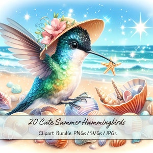 Lindo paquete de imágenes prediseñadas de colibríes de verano, imágenes prediseñadas de colibrí de acuarela, archivos de animales de alta calidad, descarga digital de aves animales