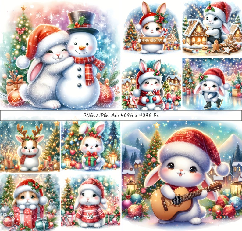 Cute Christmas Bunnies Clipart Bundle, Xmas Bunny Clip Art Images ...