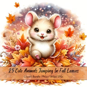 Animaux mignons sautant dans les feuilles d'automne, lot de cliparts, Images clipart animaux aquarelles, feuille de haute qualité, fichiers de téléchargement numérique automne