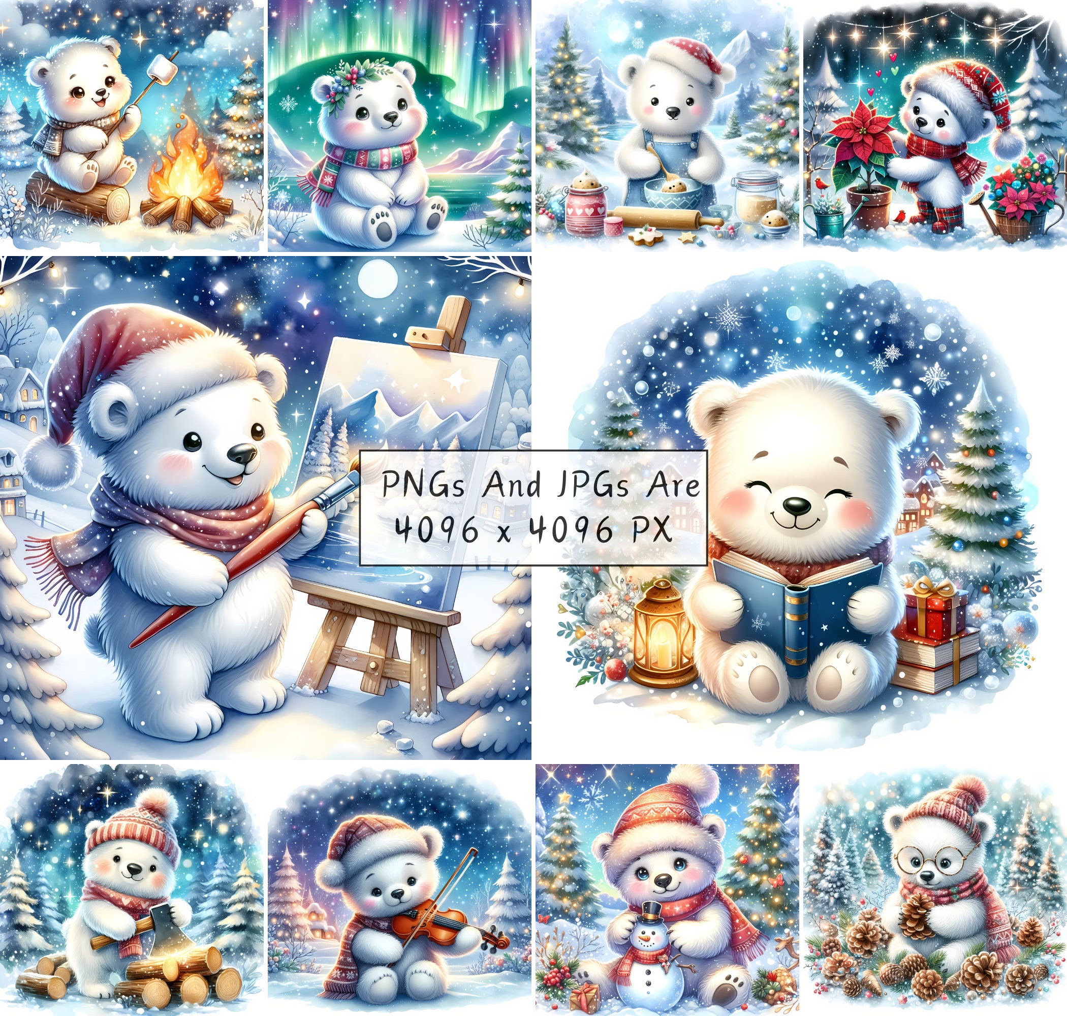 Cute Winter Polar Bear Clipart Bundle, Festive Watercolor Clip Art ...