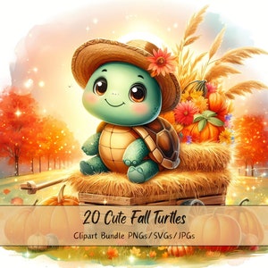 Lindo paquete de imágenes prediseñadas de tortugas de otoño, Imágenes prediseñadas de tortuga de acuarela, Archivos de animales de alta calidad, Gráficos digitales divertidos de animales, Otoño