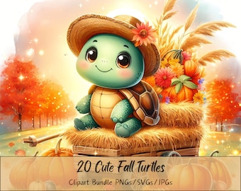 Può includere: Una simpatica tartaruga dei cartoni animati con un cappello di paglia seduta su un carro pieno di fieno e zucche. La tartaruga è circondata da foglie autunnali e fiori. Il testo "20 Cute Fall Turtles" e "Clipart Bundle PNGs/SVGs/JPGs" è visualizzato sotto l'immagine.