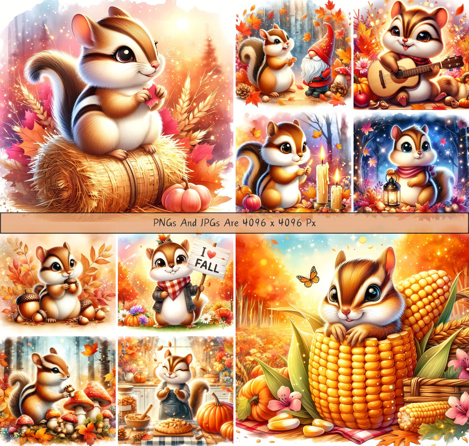 Cute Fall Chipmunks Clipart Bundle, Watercolor Autumn Chipmunk Clip Art ...