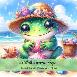 Lindo paquete de imágenes prediseñadas de ranas de verano, imágenes prediseñadas de ranas de acuarela, archivos de animales de alta calidad, divertidos gráficos de animales digitales, descarga única