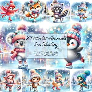 Niedliches Winter Tiere Eislaufen Clipart Bundle, Festliche Aquarell Clip Art Bilder, 29 hochwertige PNGs / JPGs / SVGs, Wintersport