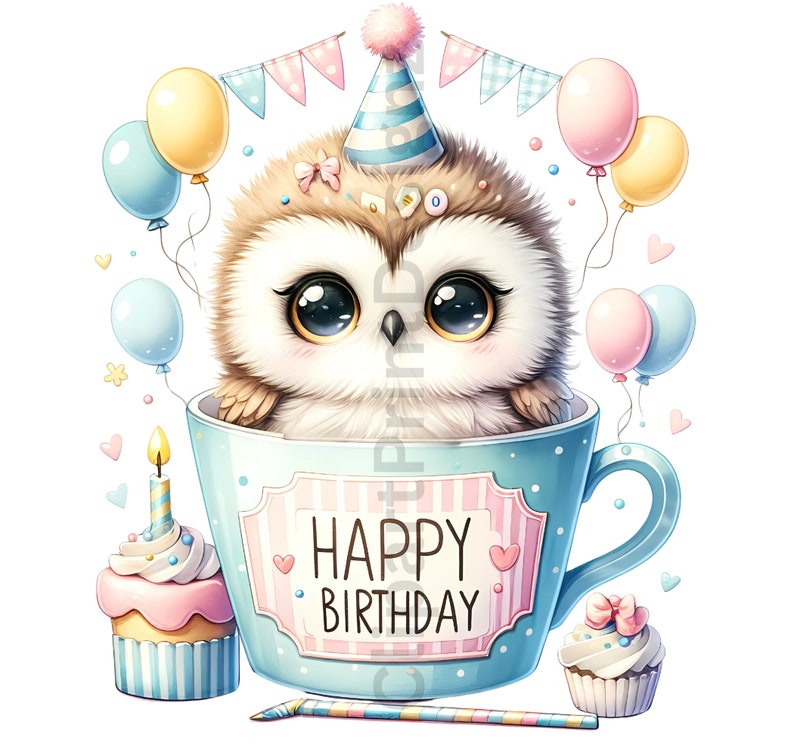 Pode incluir: Uma coruja de desenho animado fofa usando um chap&eacute;u de festa est&aacute; sentada em uma x&iacute;cara de ch&aacute; azul com um design listrado rosa e branco. A x&iacute;cara de ch&aacute; tem uma faixa rosa que diz "Feliz anivers&aacute;rio". H&aacute; cupcakes e bal&otilde;es no fundo.