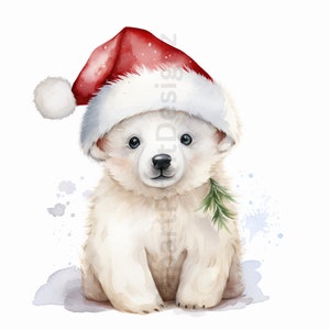 May include: A watercolor painting of a white polar bear cub wearing a red Santa hat with a white pom-pom. The bear is holding a small pine branch in its mouth and is sitting on a white background with blue watercolor splatters.
