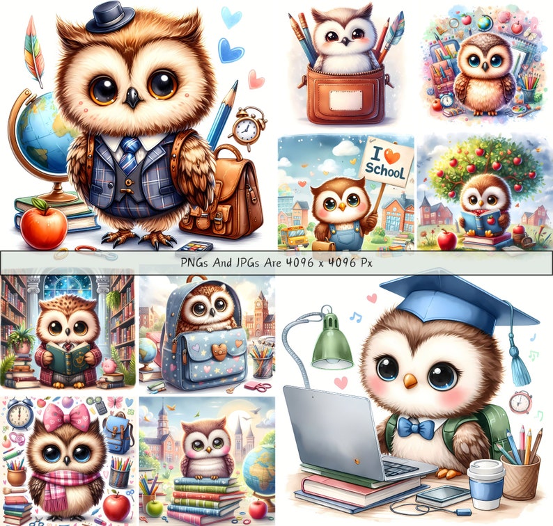 Cute Back to School Owls Clipart Bundle, Watercolor Owl Clip Art Images ...