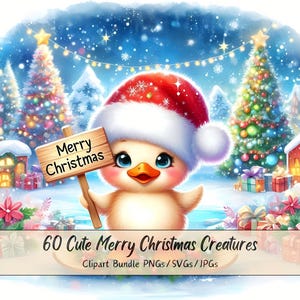 Lindo paquete de imágenes prediseñadas de criaturas navideñas alegres, imágenes prediseñadas de Navidad, archivos digitales de animales con figuras de acuarela, gráficos de animales de invierno, letreros