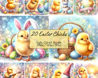 Cute Easter Chicks Clipart Bundle, Watercolor Clip Art Images, 20 High Quality PNGs/SVGs/JPGs, Digital Paper Craft, Card Making, Sublimation