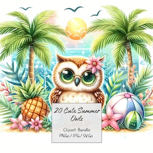 Bundle de cliparts mignons hiboux d'été, aquarelle hibou Clip Art Images, fichiers animaux de haute qualité, graphiques numériques animaux drôles, téléchargement unique