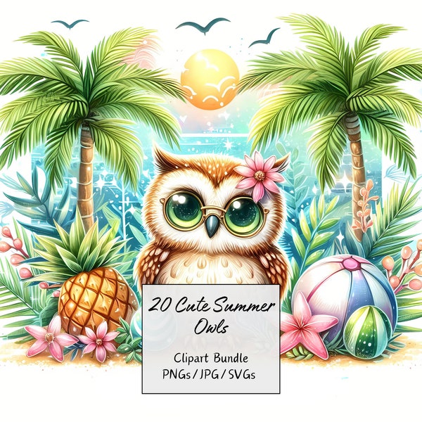 Cute Summer Owls Clipart Bundle, Watercolor Owl Clip Art Images, High Quality Animals Files, Funny Digital Animal Graphics, Unique Download