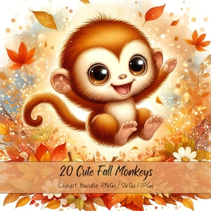 Lindo paquete de imágenes prediseñadas de monos de otoño, Imágenes prediseñadas de mono de acuarela, Archivos de animales de alta calidad, Gráficos digitales divertidos de animales, Otoño