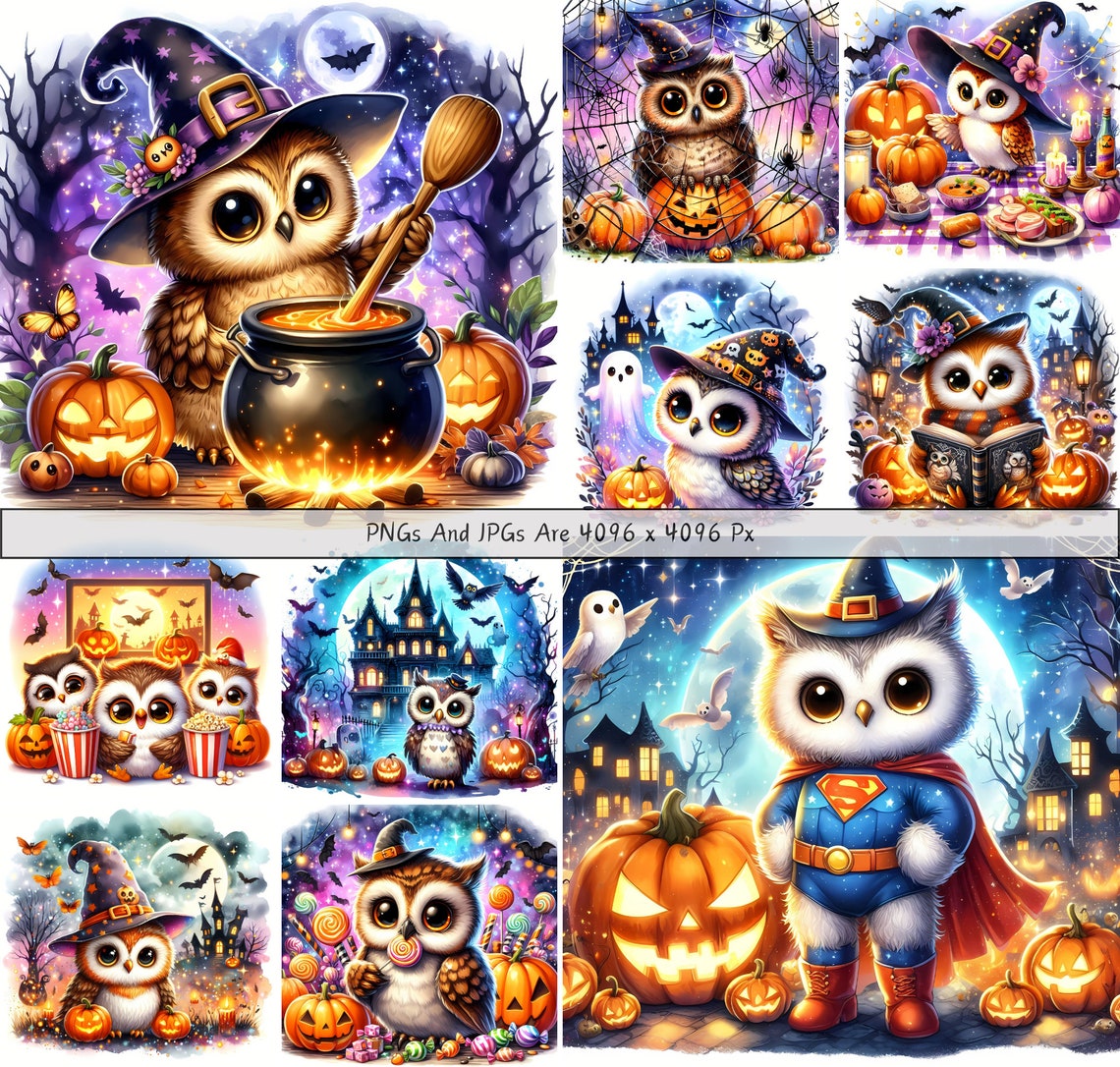 Cute Halloween Owls Clipart Bundle, Watercolor Owl Clip Art Images ...