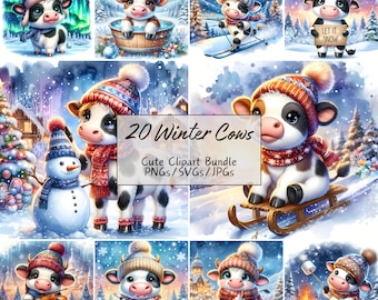 Cute Winter Cow Clipart Bundle, Festive Watercolor Clip Art Images, 20 High Quality PNGs/SVGs/JPGs, Digital Paper Craft, Junk Journal