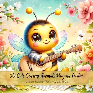 Schattige lente dieren spelen op gitaren clipart bundel, aquarel clip art afbeeldingen, hoge kwaliteit, digitale dierenafbeeldingen, unieke download